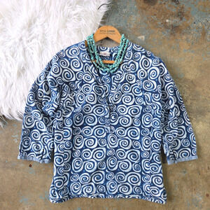 Anokhi Block Print Top Size S Blue White V Neck Popover 3/4 Sleeve Cotton India